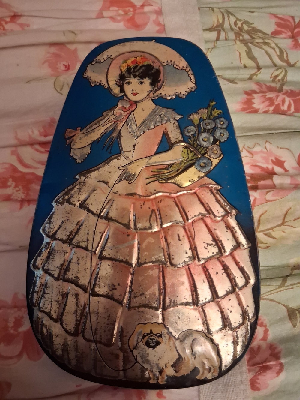 Vintage George Horner Crinoline Lady With Pekingese Dog Tin Box 1920s Art Deco